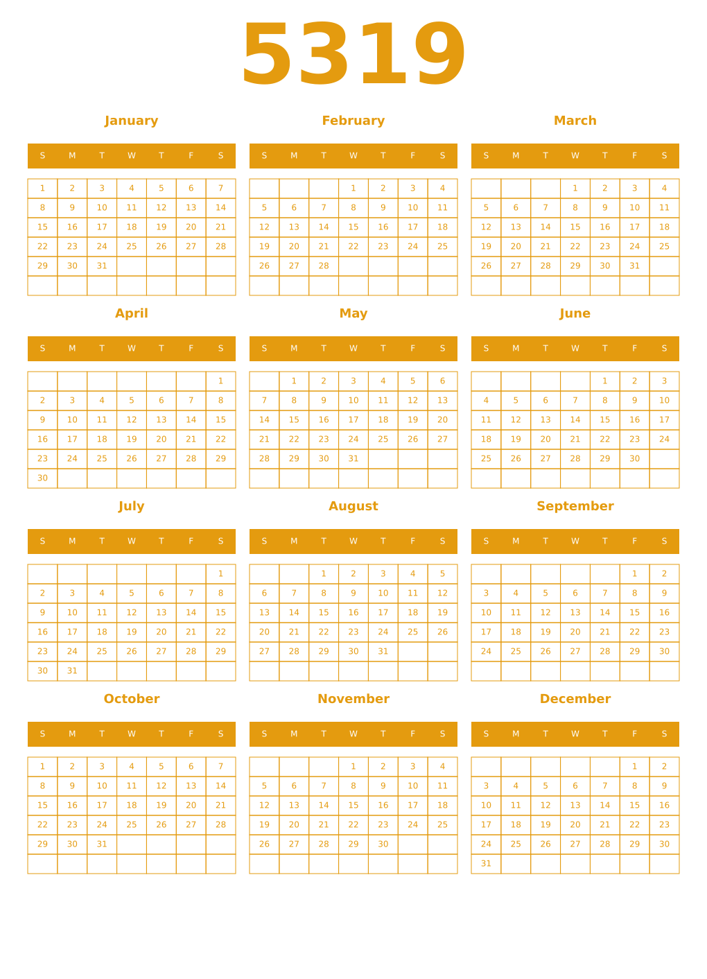 Printable 5319 Year Calendars gamboge