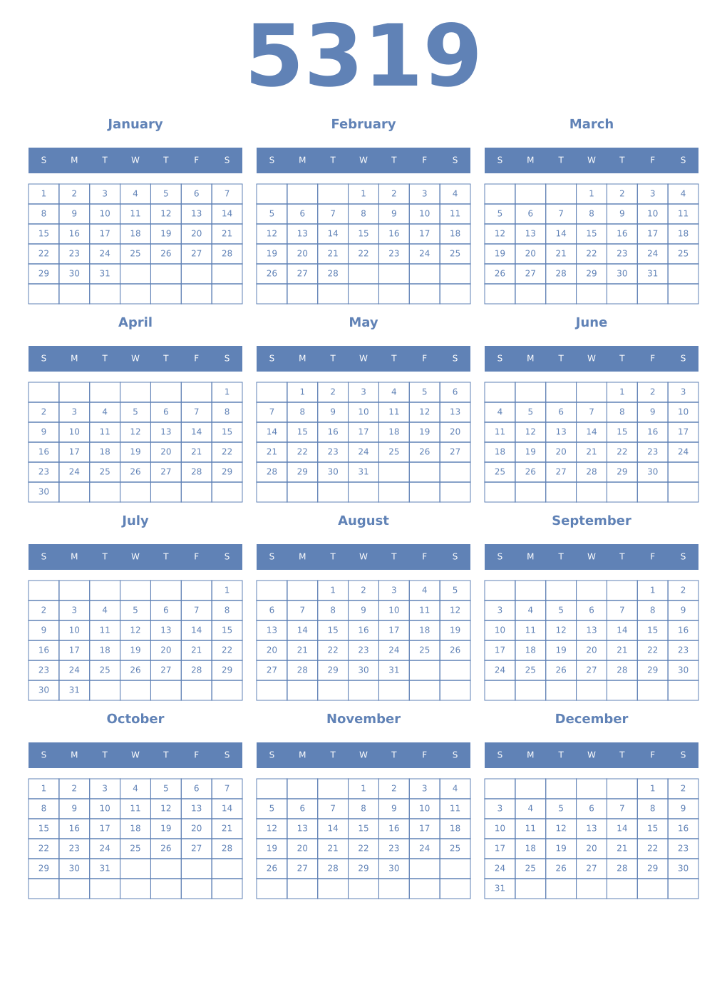 Printable 5319 Year Calendars glaucous