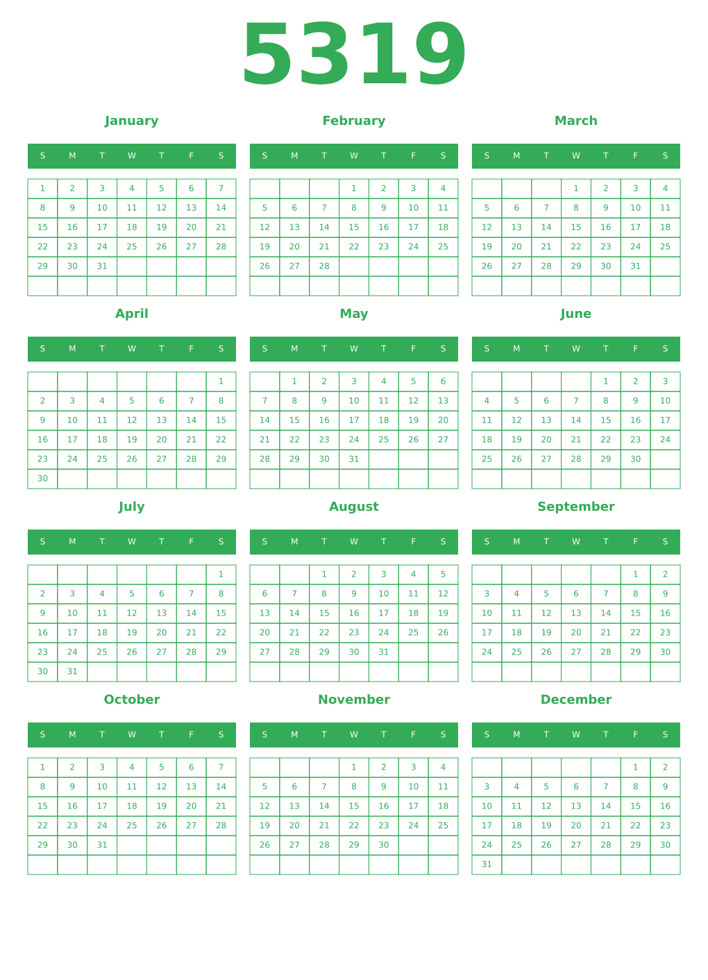 Printable 5319 Year Calendars green