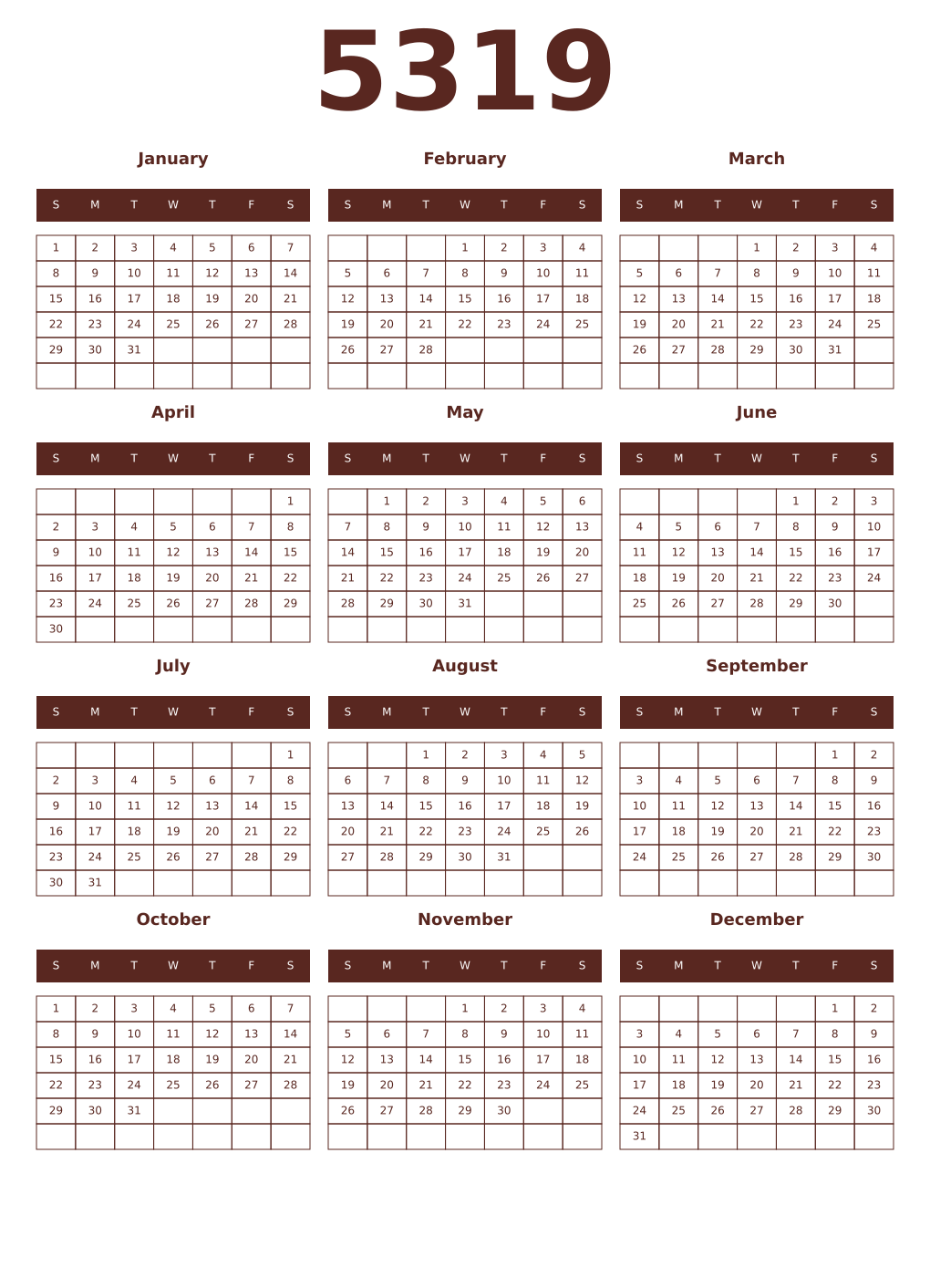 Printable 5319 Year Calendars mortuum