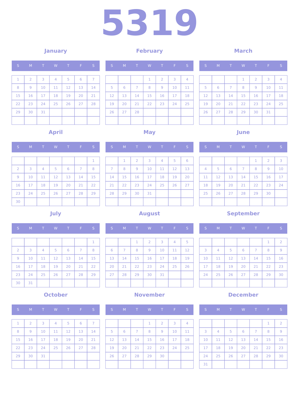 Printable 5319 Year Calendars periwinkle