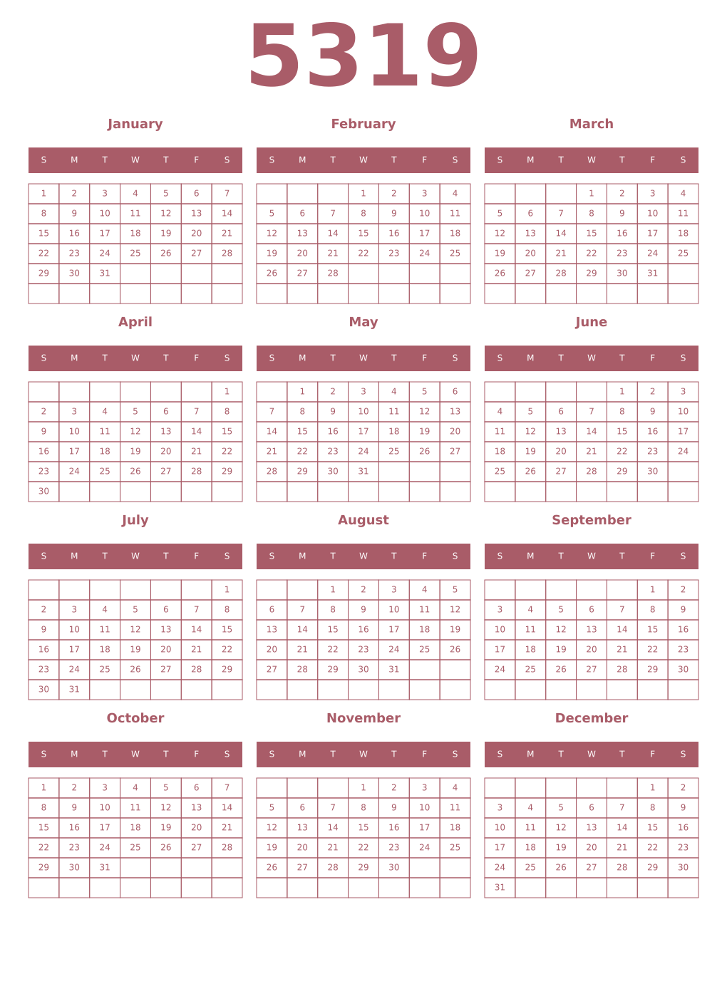 Printable 5319 Year Calendars puce