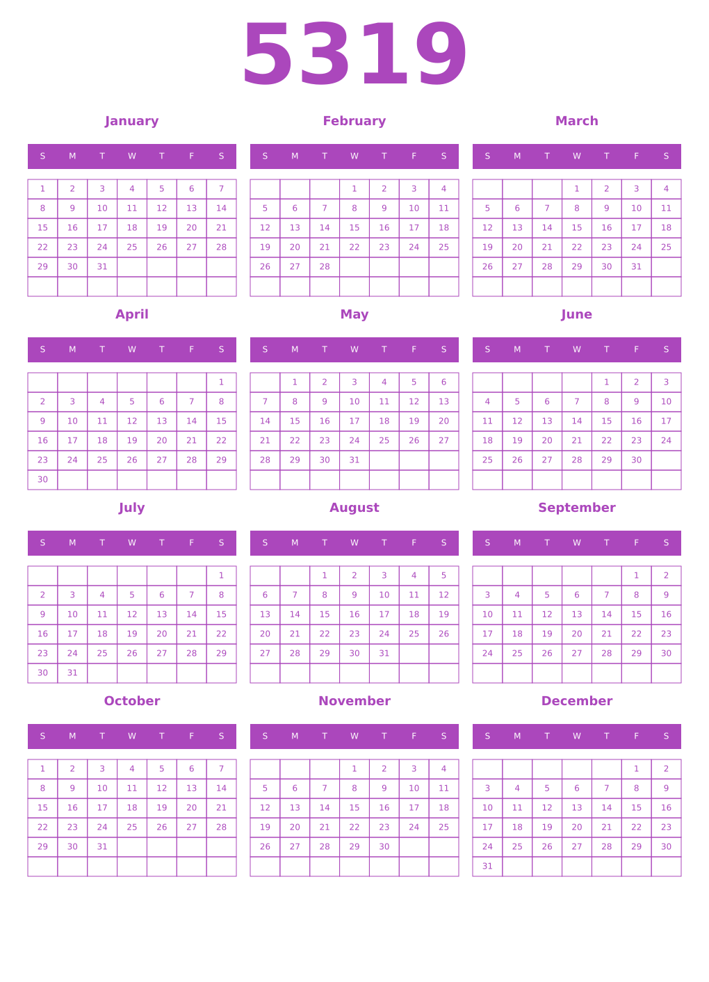Printable 5319 Year Calendars purple