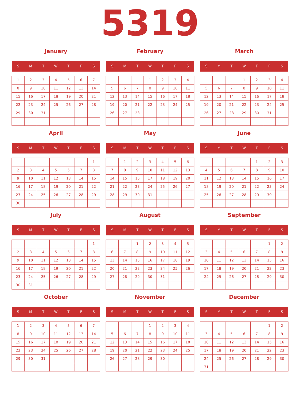 Printable 5319 Year Calendars red