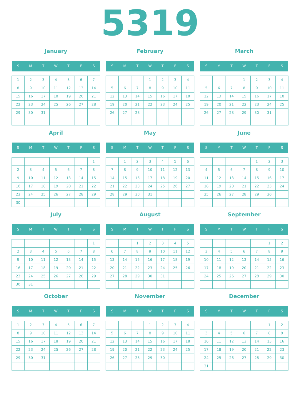 Printable 5319 Year Calendars verdigris