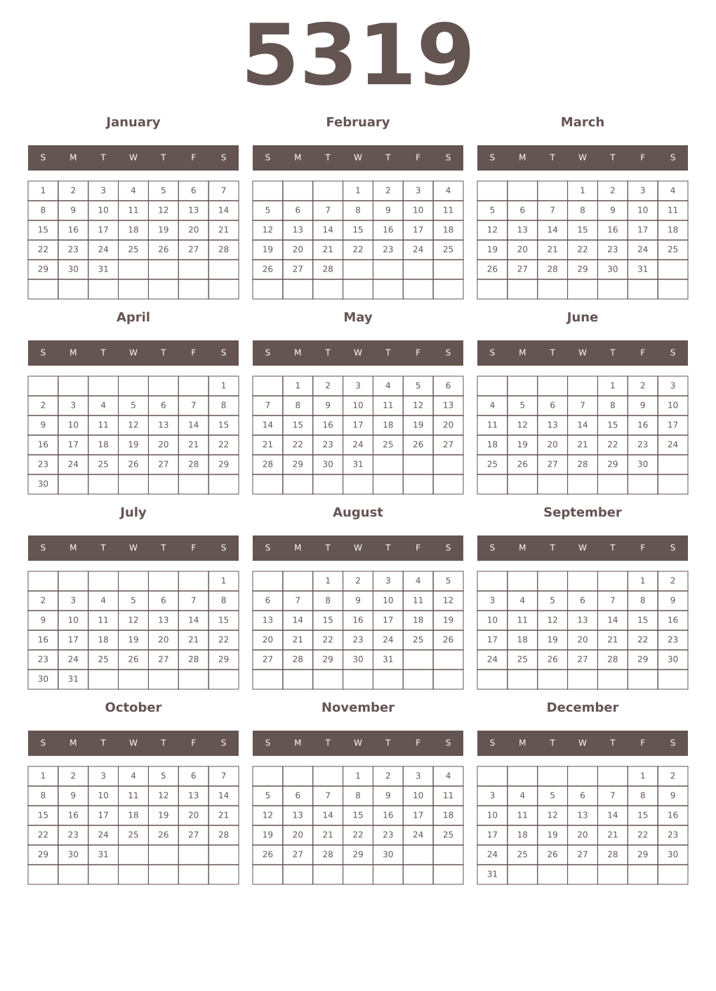 Printable 5319 Year Calendars wenge
