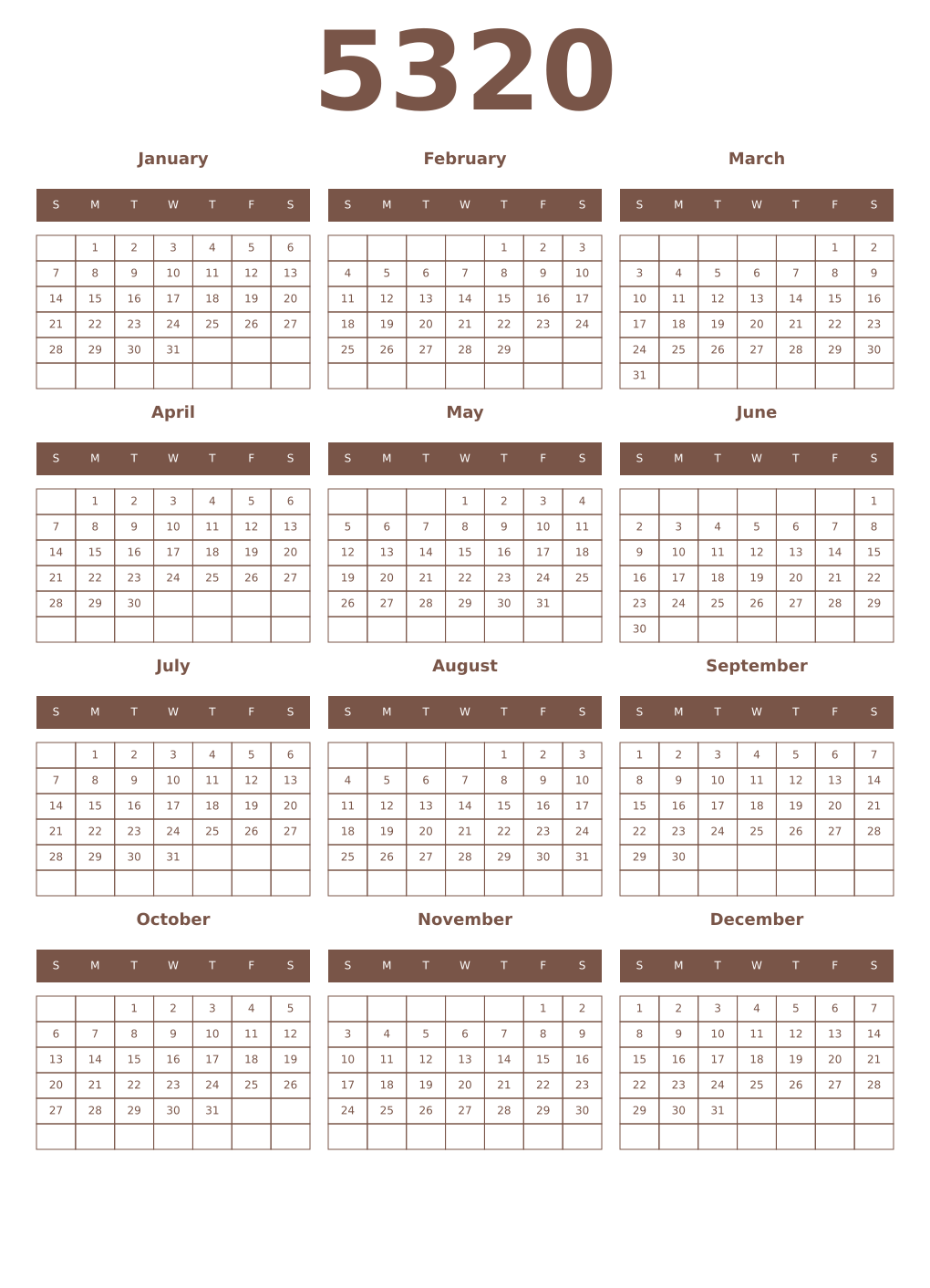 Printable 5320 Year Calendars coffe
