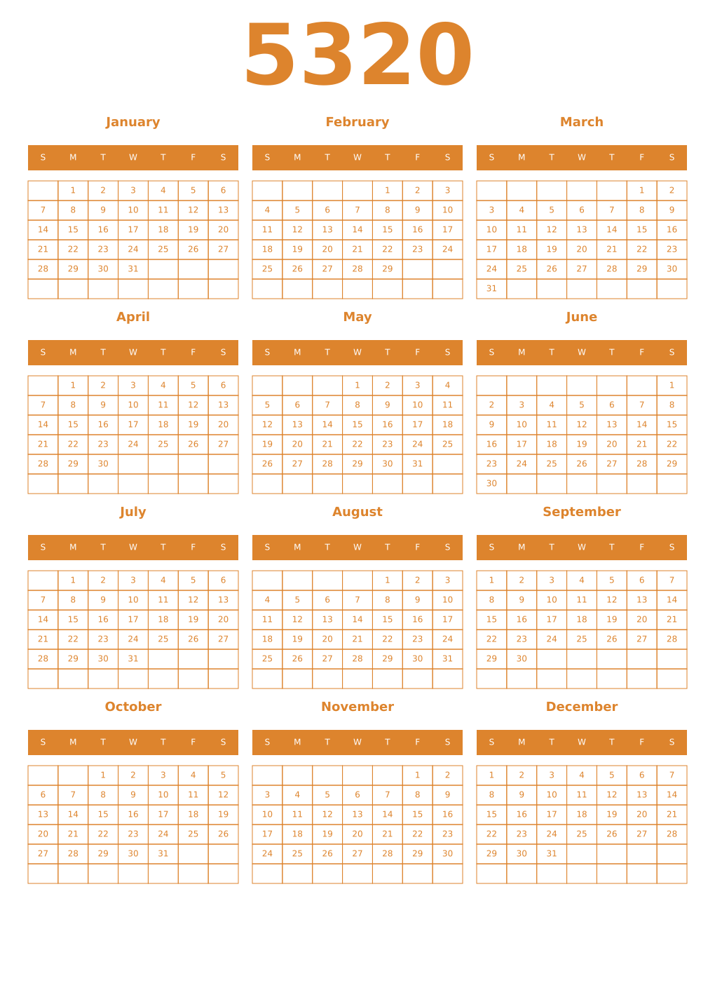 Printable 5320 Year Calendars orange