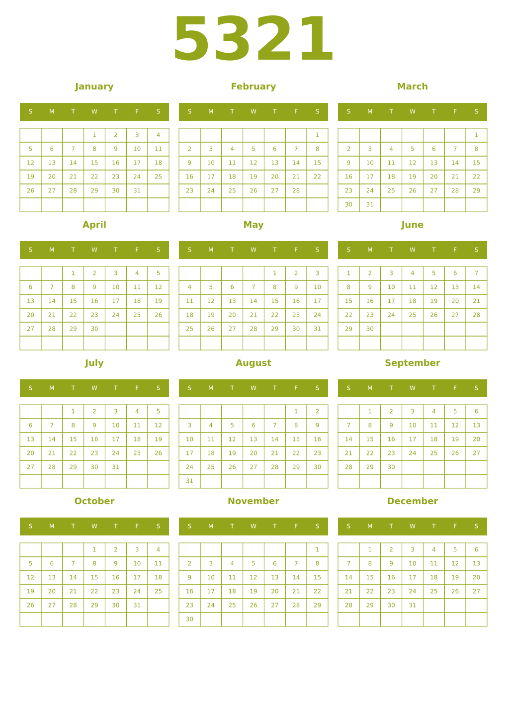 Printable 5321 Year Calendars chartreuse