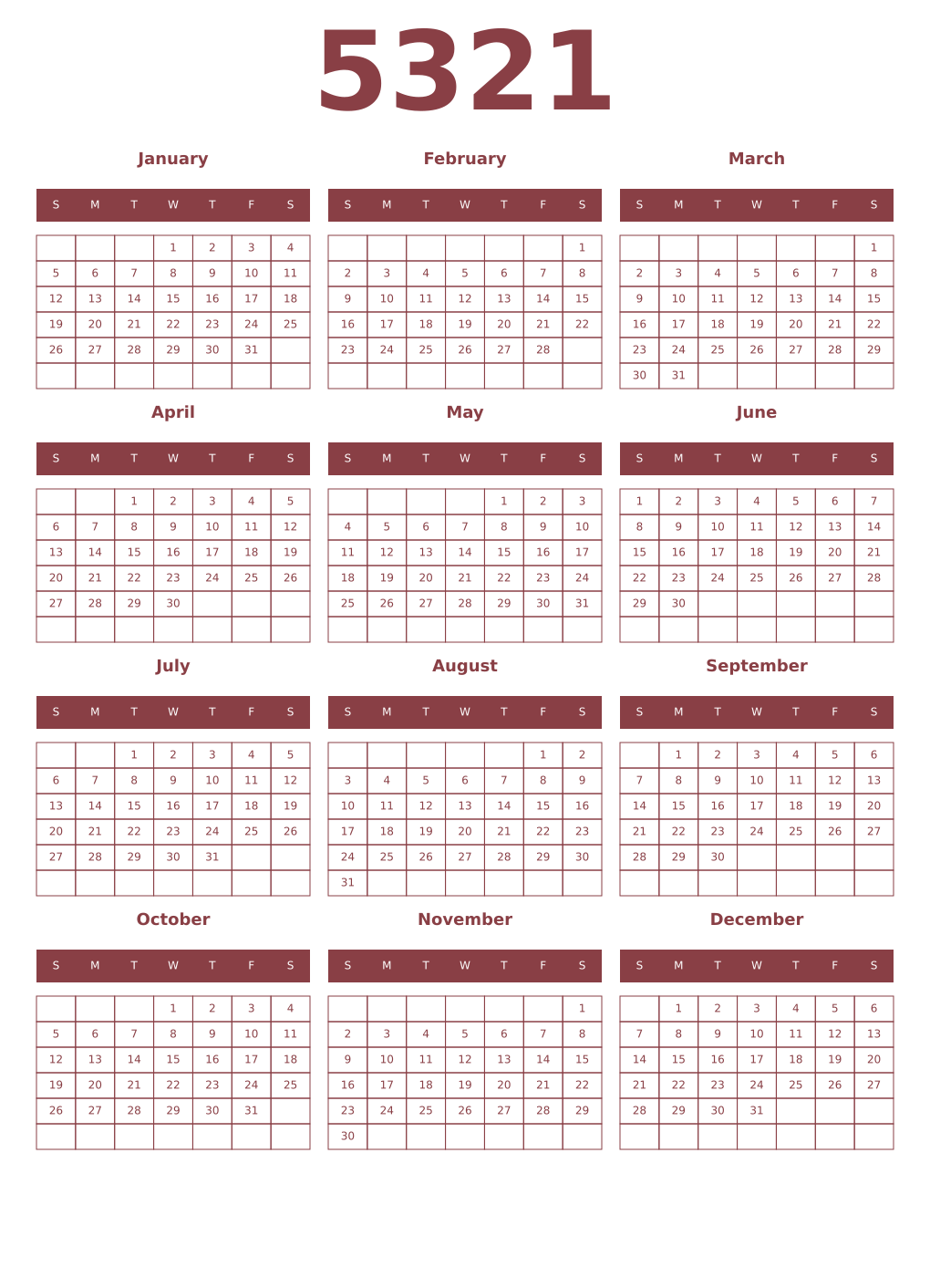 Printable 5321 Year Calendars cordovan
