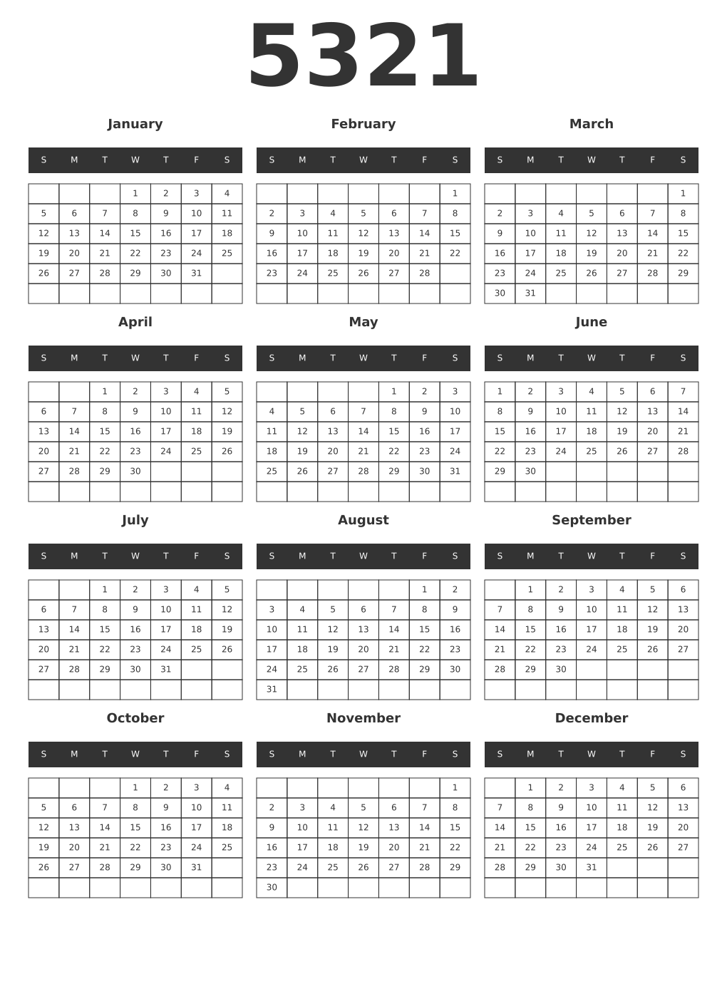 Printable 5321 Year Calendars dark