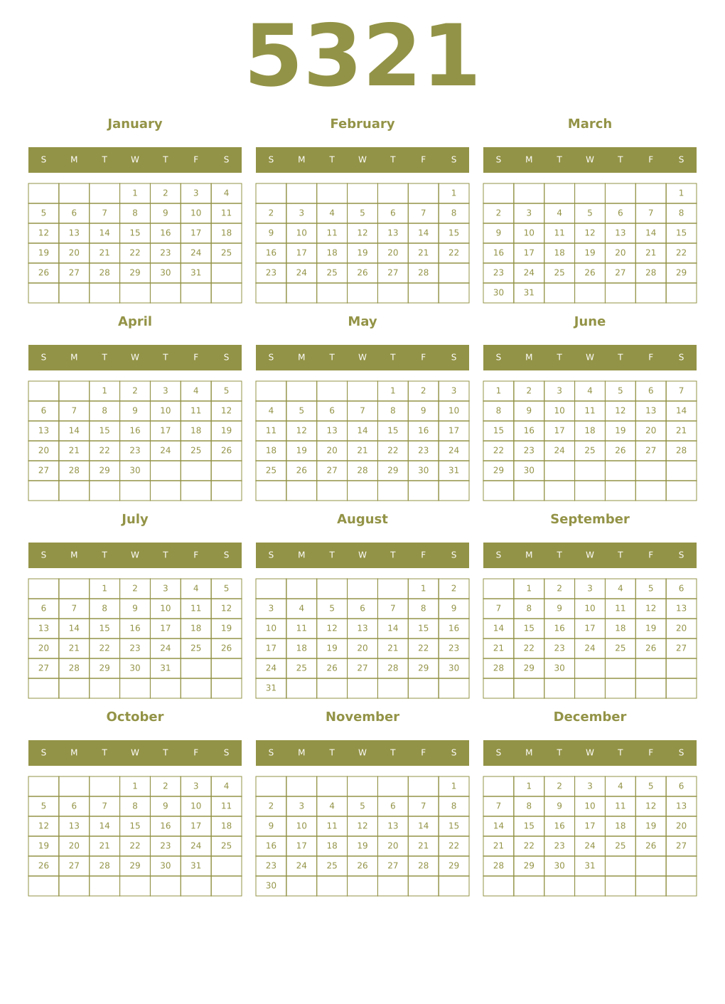 Printable 5321 Year Calendars eburnean