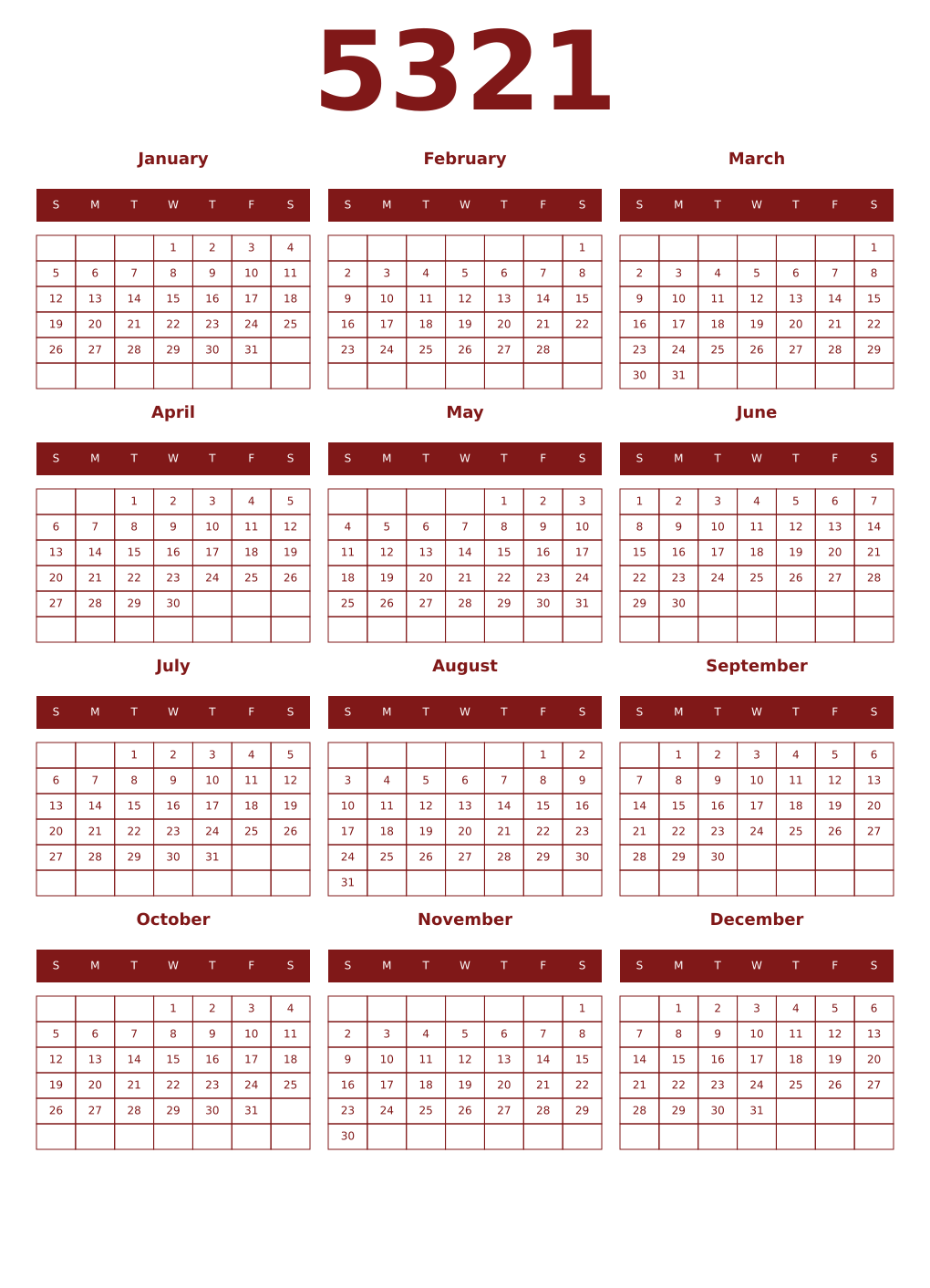 Printable 5321 Year Calendars falu