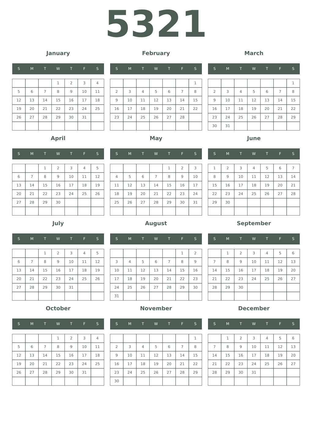 Printable 5321 Year Calendars feldgrau