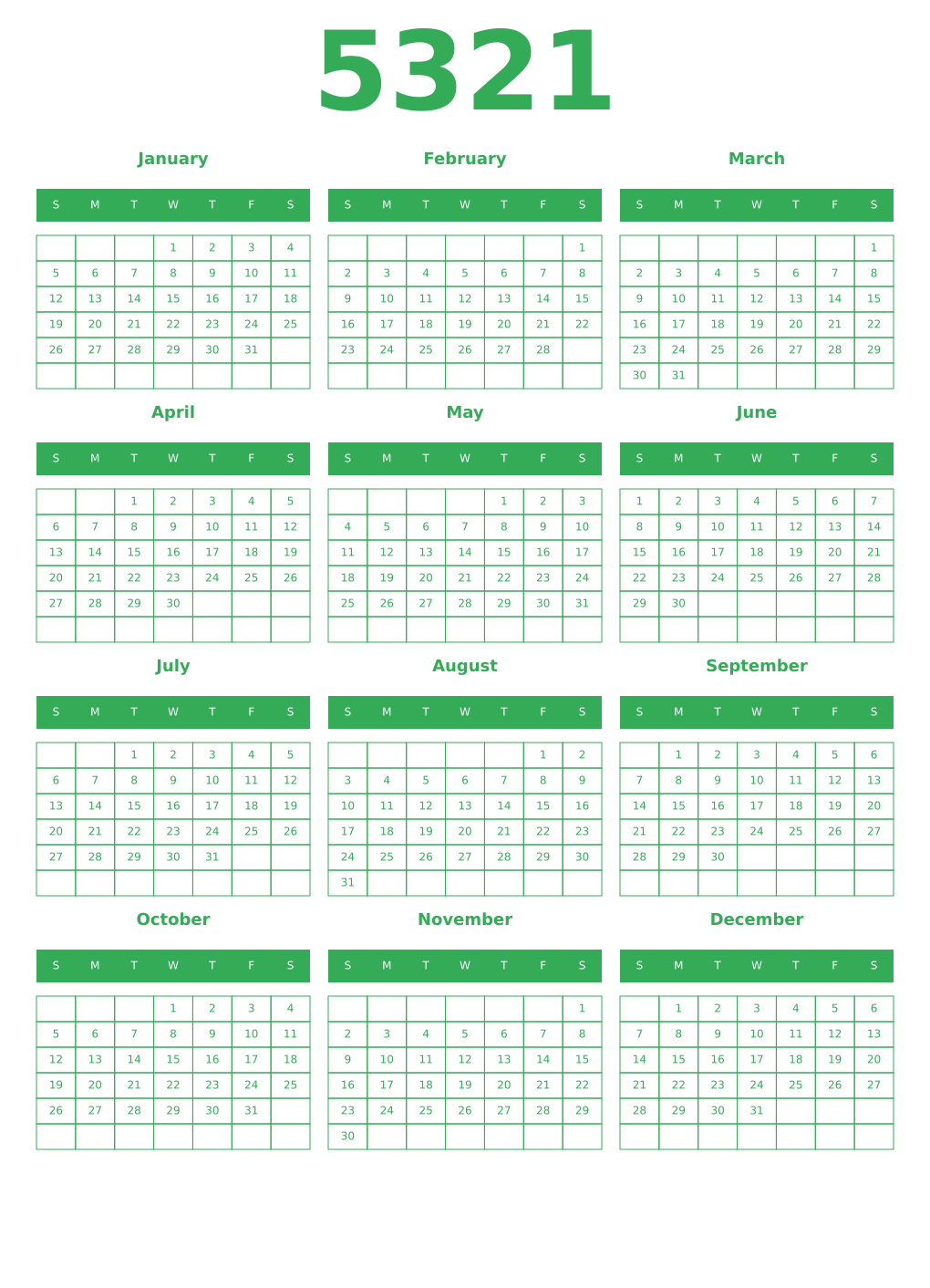 Printable 5321 Year Calendars green