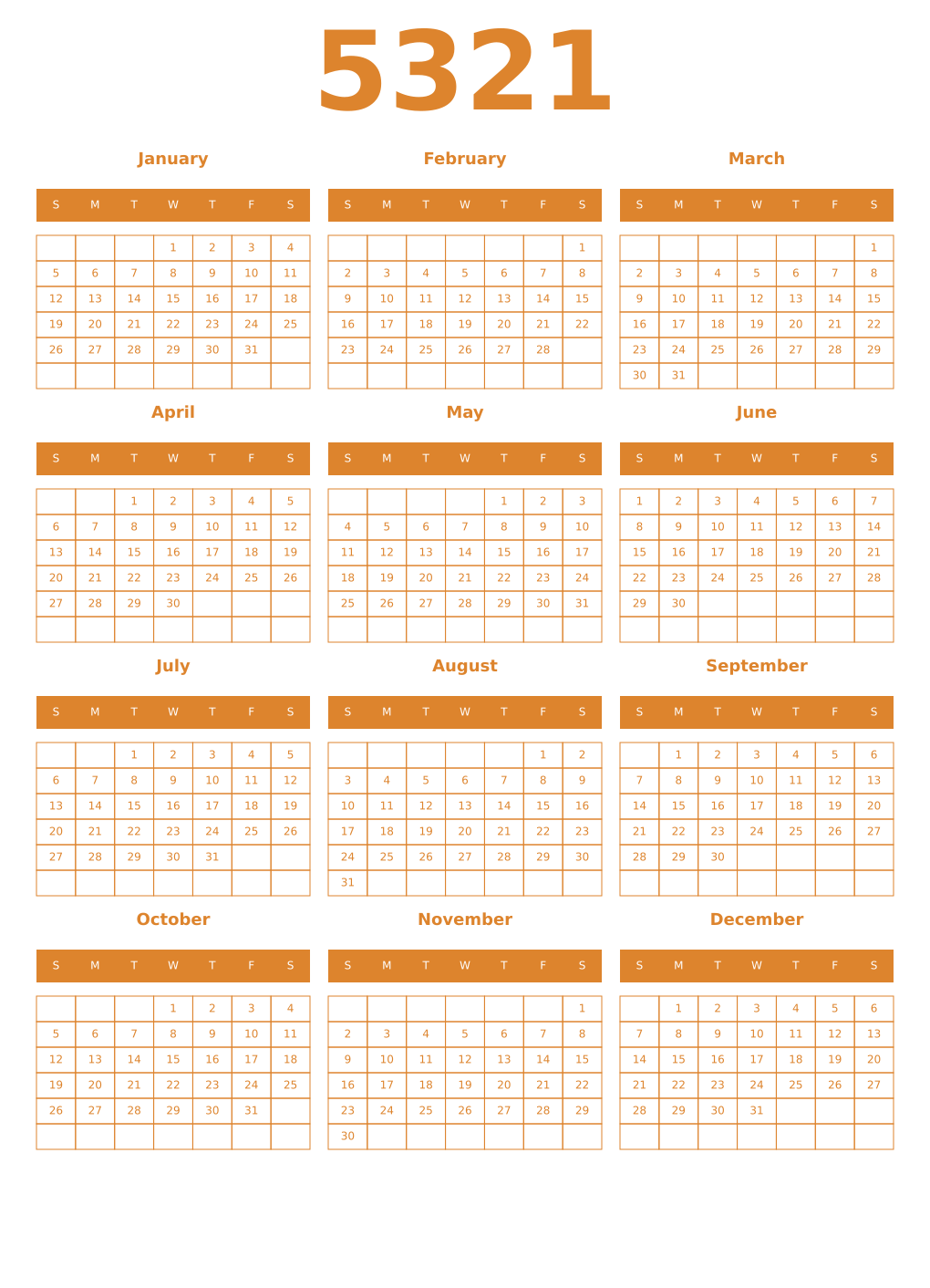 Printable 5321 Year Calendars orange