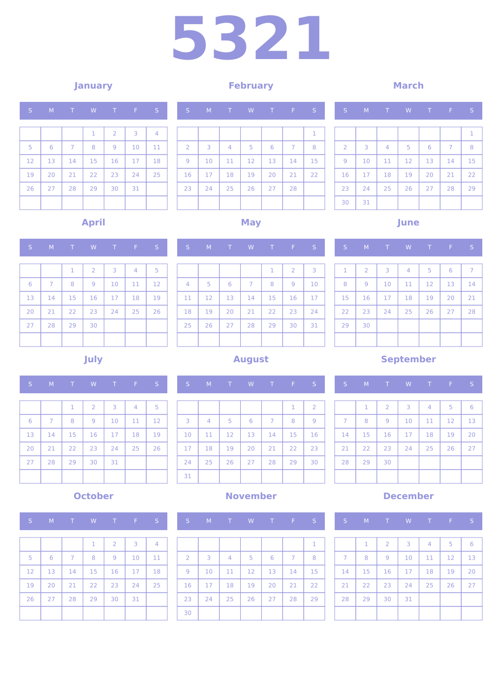 Printable 5321 Year Calendars periwinkle
