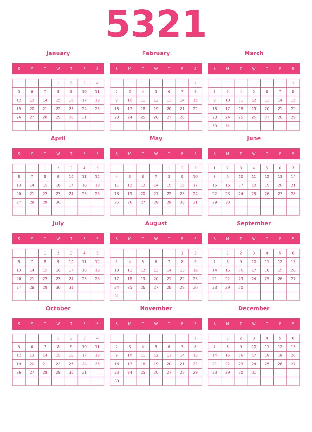 Printable 5321 Year Calendars pink