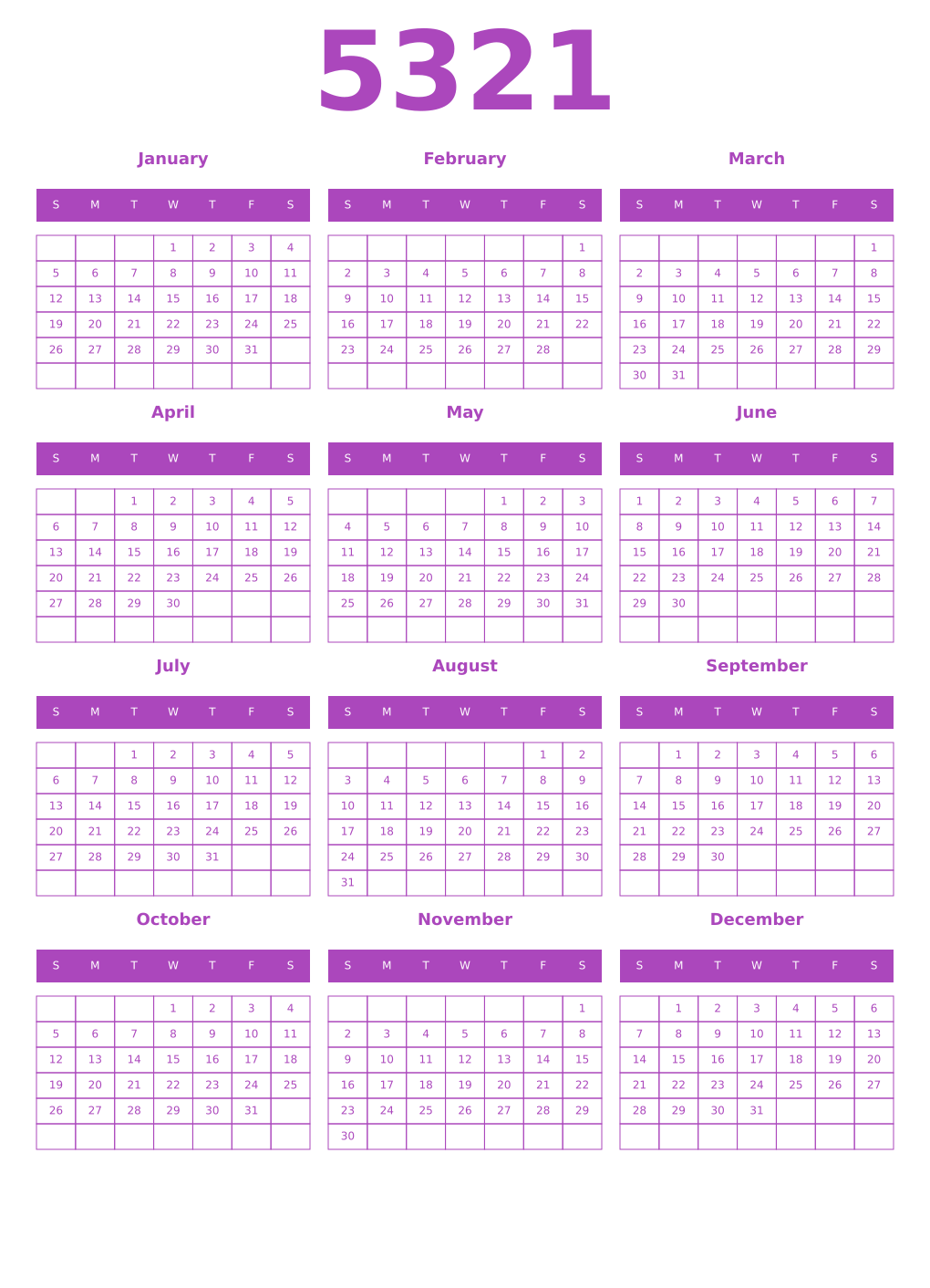 Printable 5321 Year Calendars purple