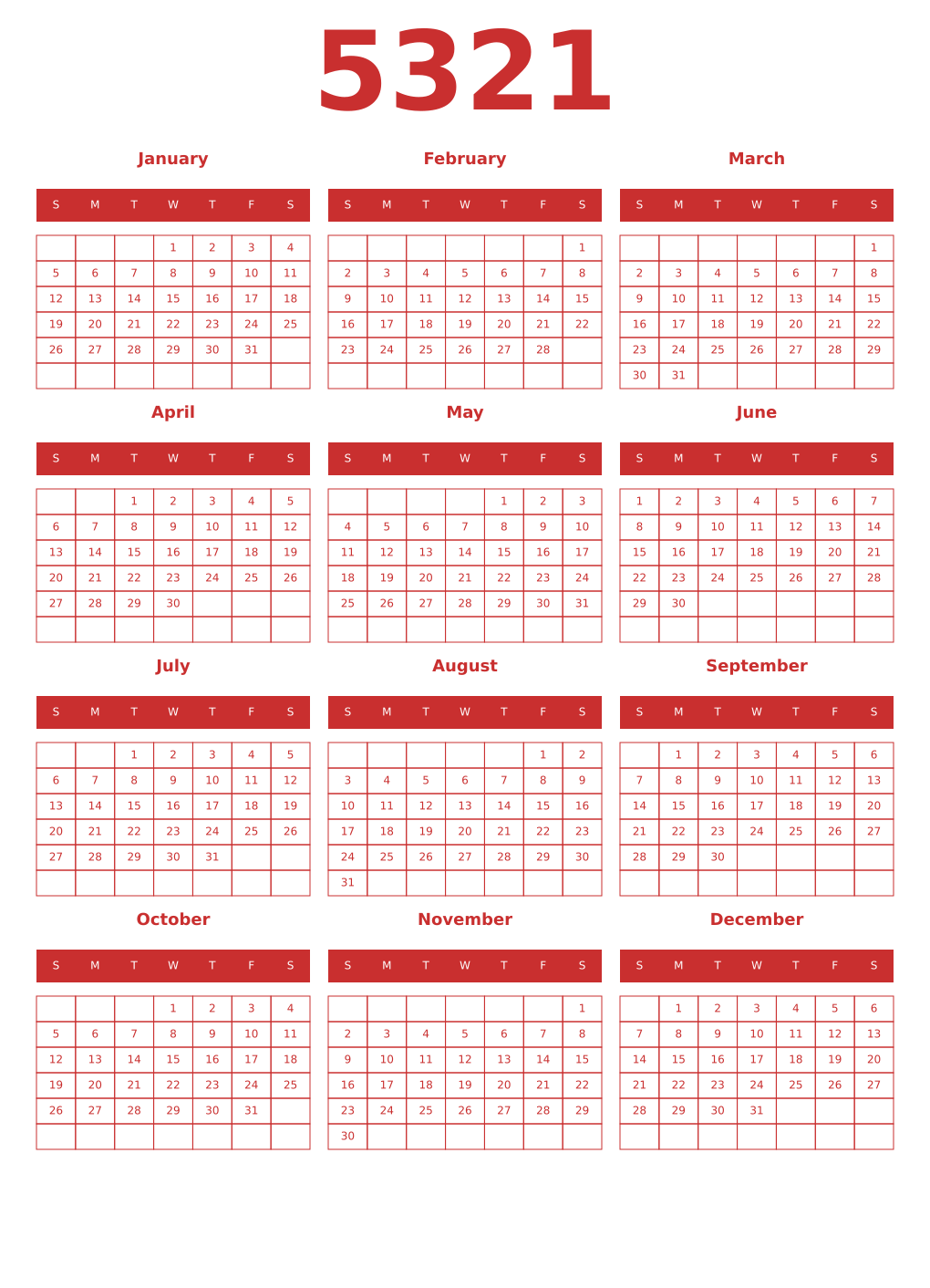 Printable 5321 Year Calendars red