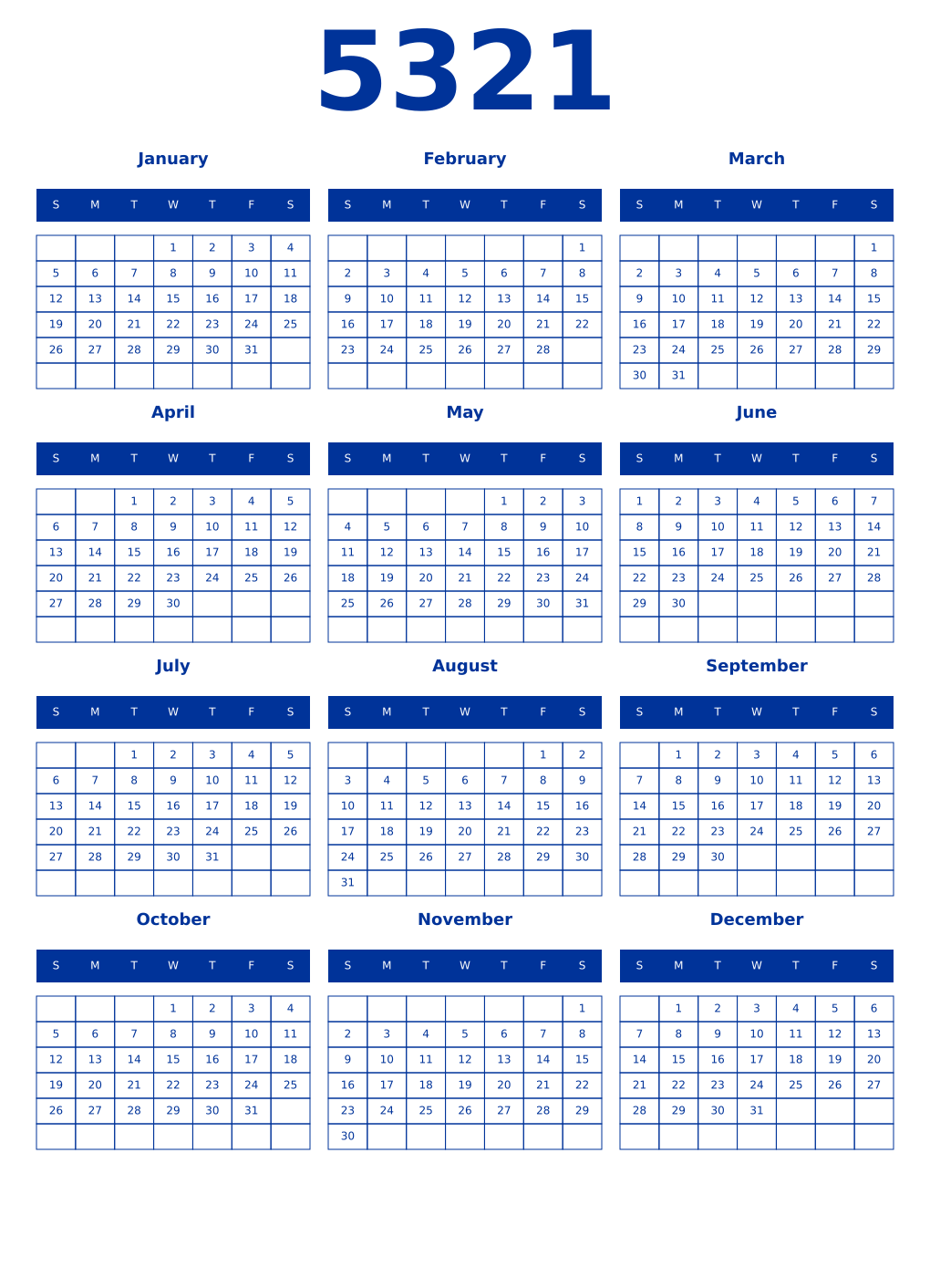 Printable 5321 Year Calendars smalt