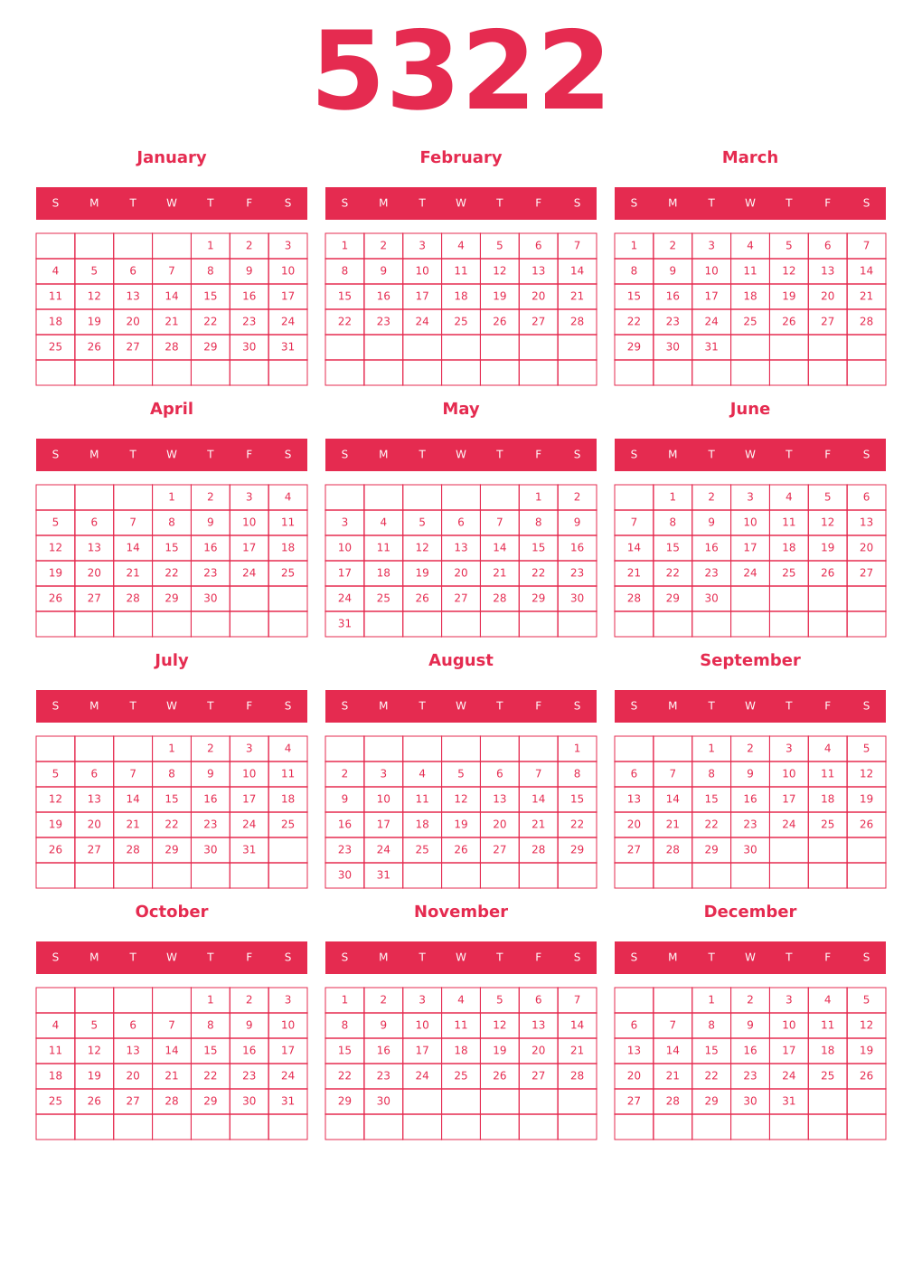 Printable 5322 Year Calendars amaranth