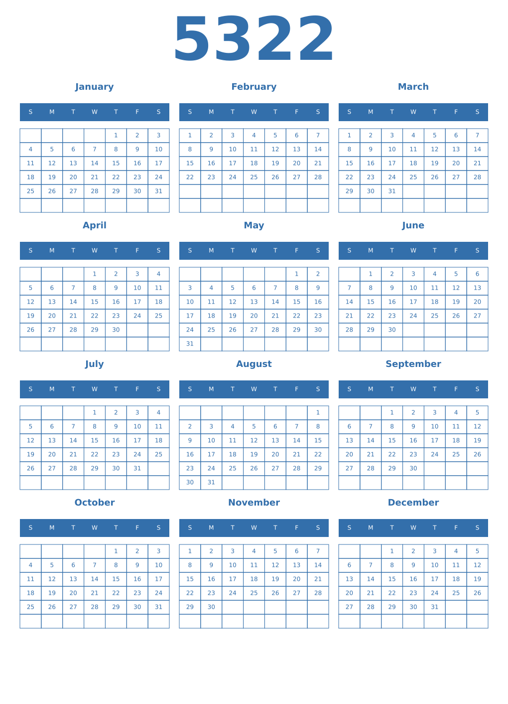 Printable 5322 Year Calendars blue