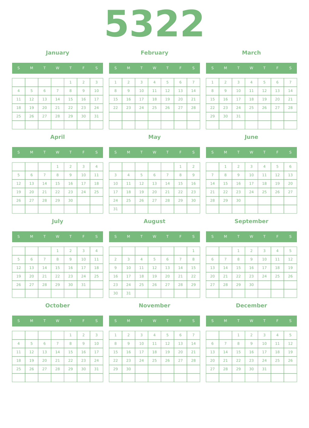 Printable 5322 Year Calendars celadon