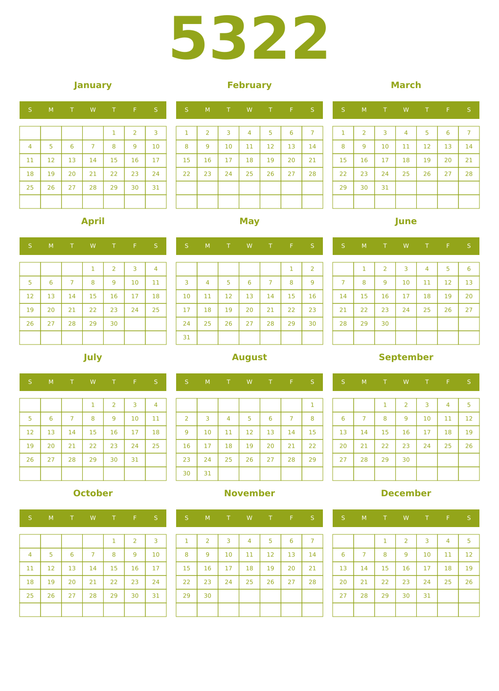 Printable 5322 Year Calendars chartreuse