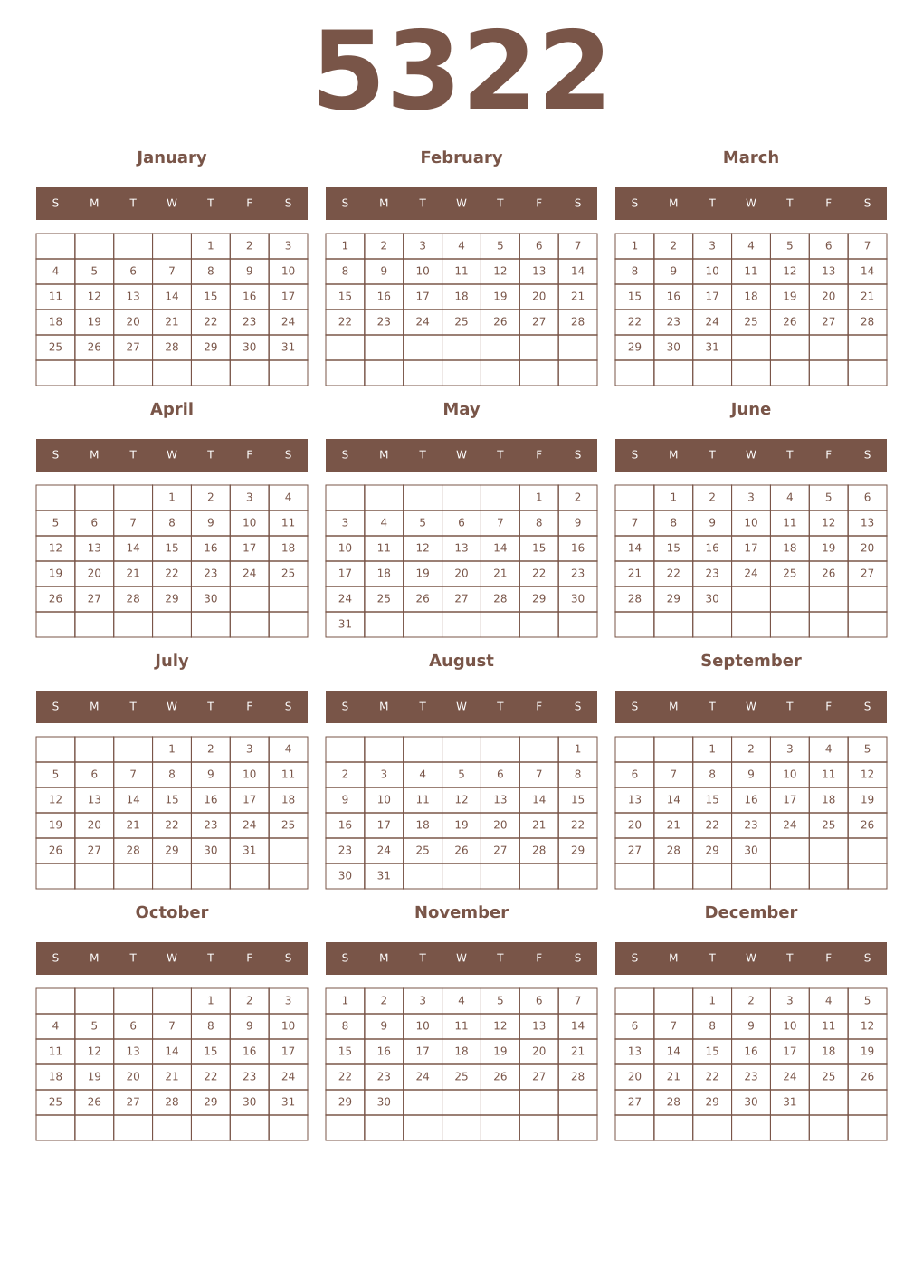 Printable 5322 Year Calendars coffe