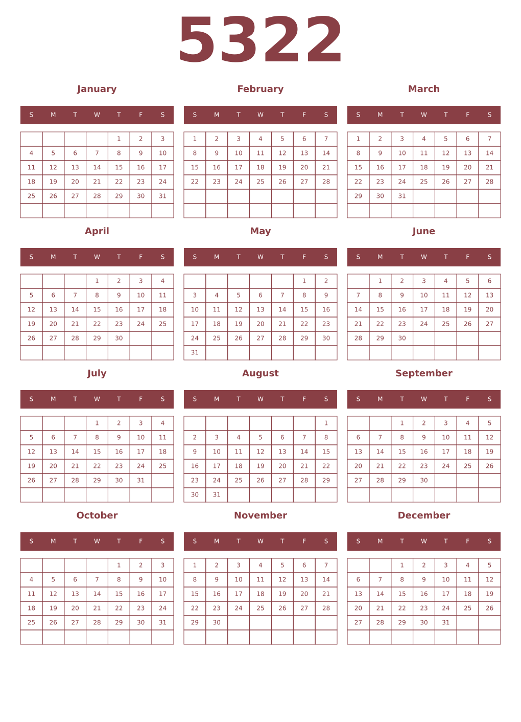 Printable 5322 Year Calendars cordovan