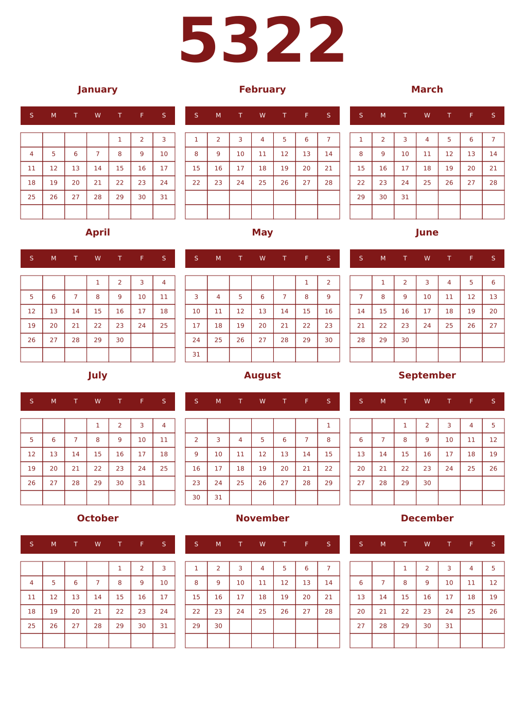 Printable 5322 Year Calendars falu