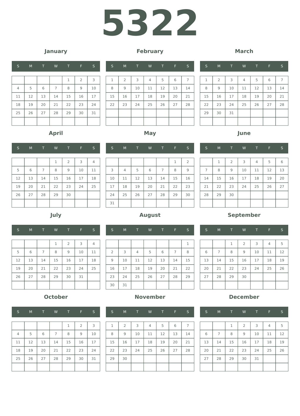 Printable 5322 Year Calendars feldgrau