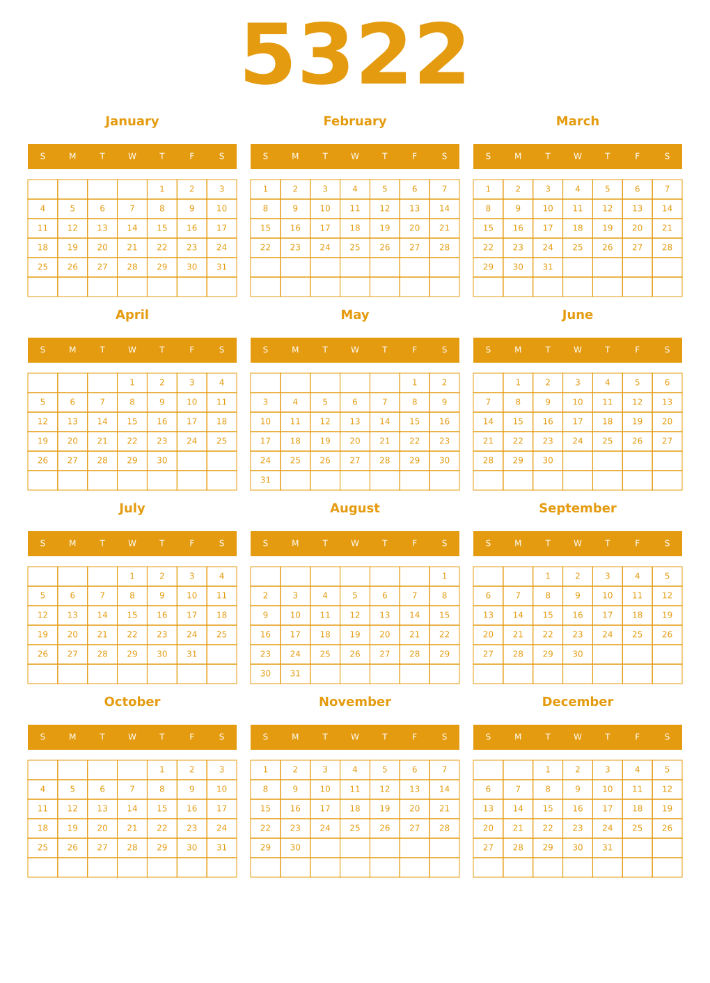 Printable 5322 Year Calendars gamboge
