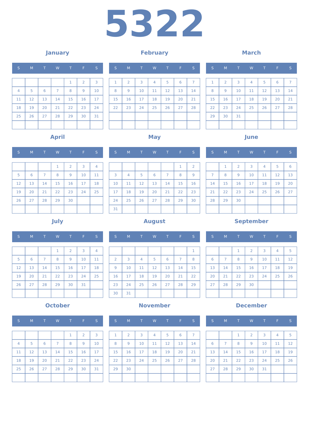 Printable 5322 Year Calendars glaucous