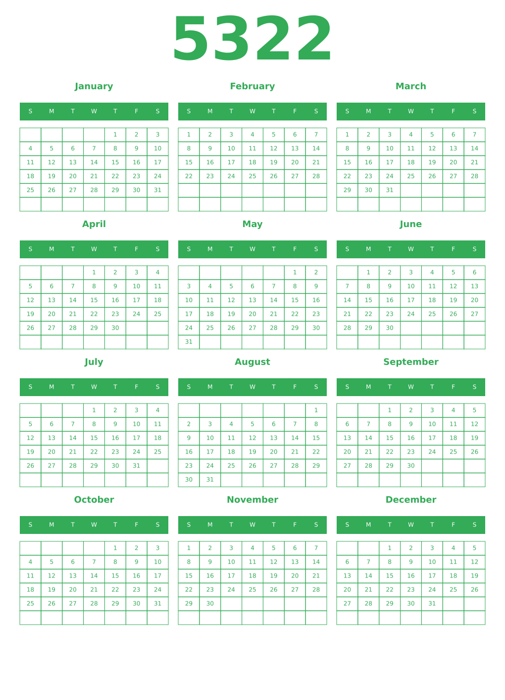 Printable 5322 Year Calendars green
