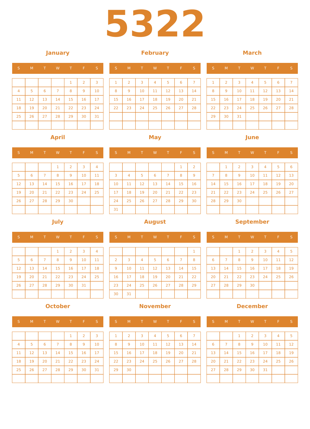 Printable 5322 Year Calendars orange