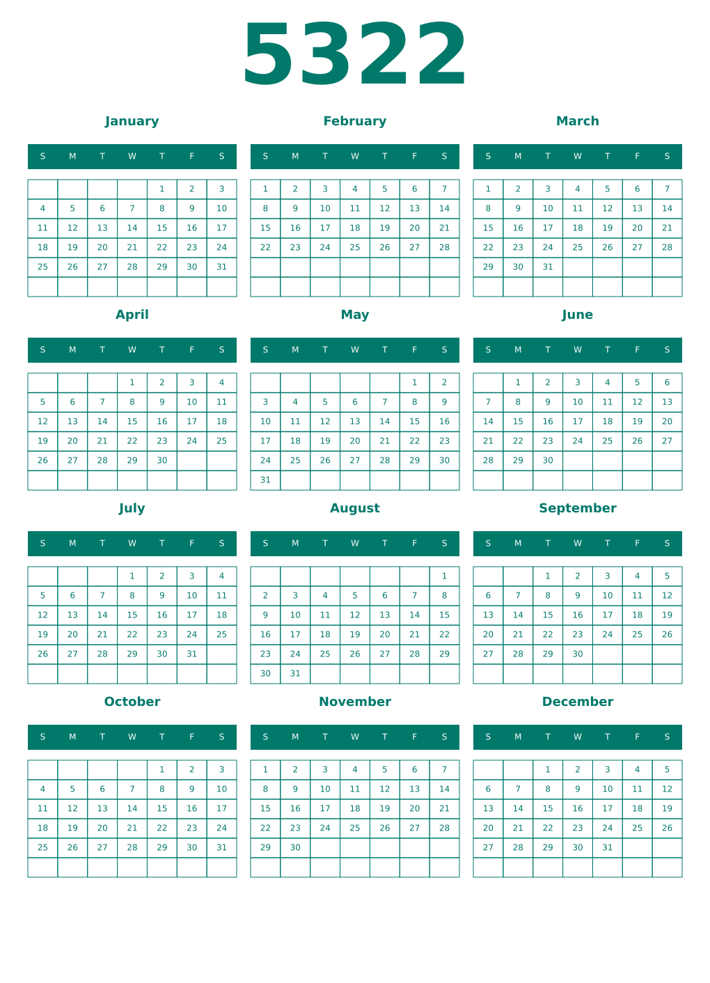 Printable 5322 Year Calendars pastel