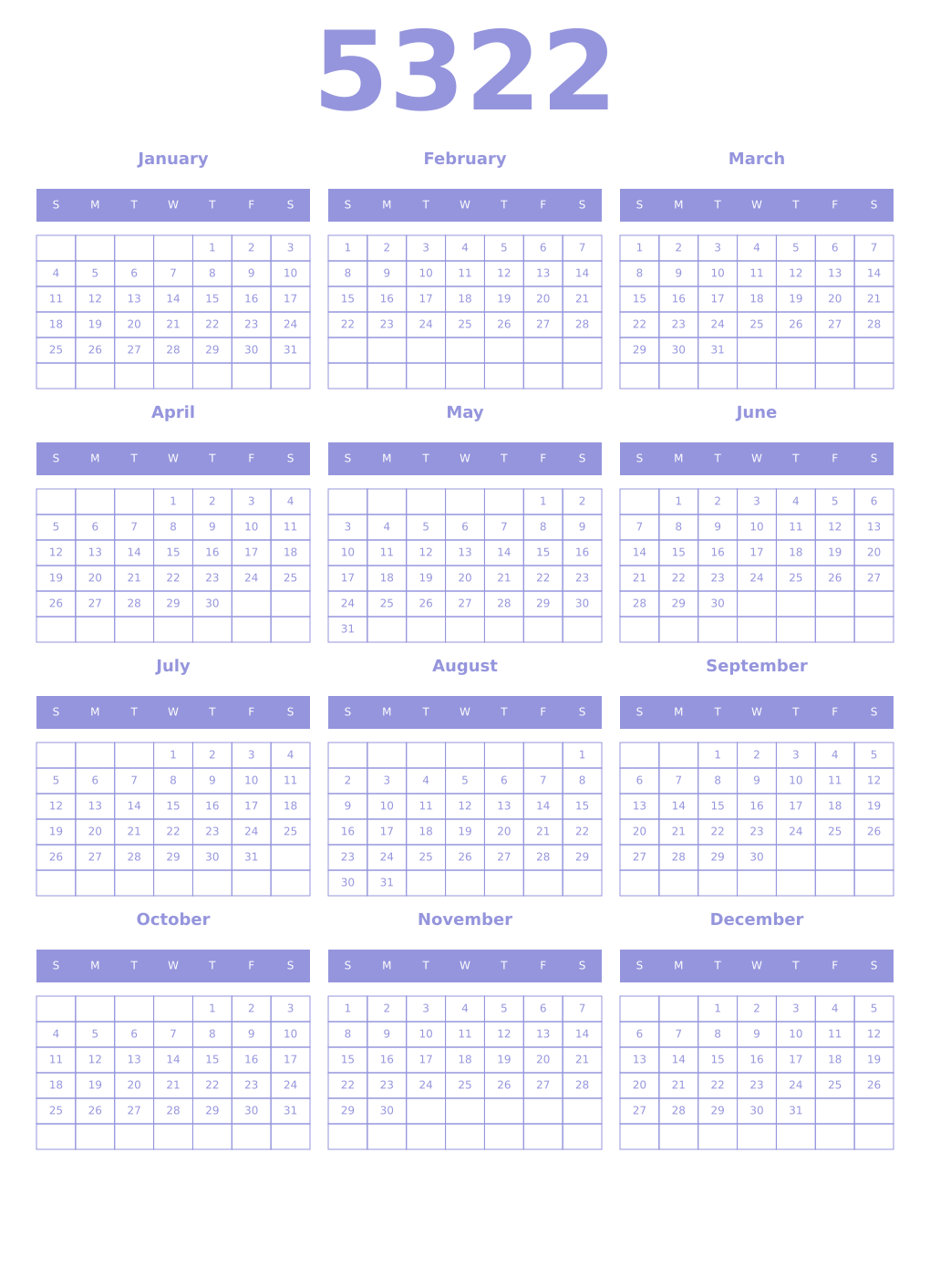 Printable 5322 Year Calendars periwinkle