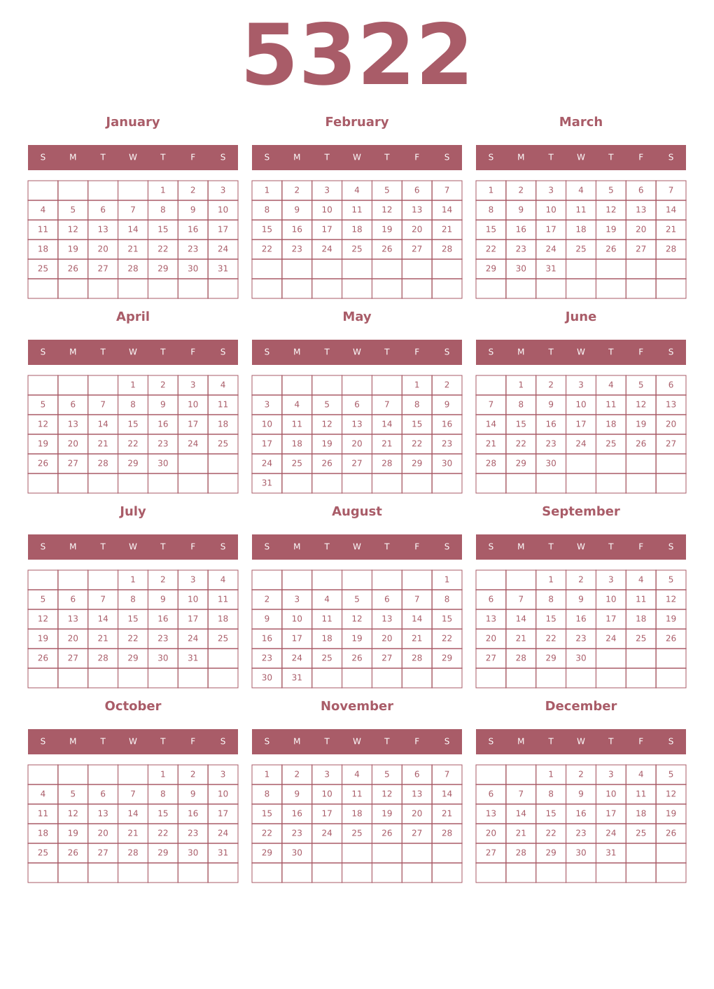 Printable 5322 Year Calendars puce