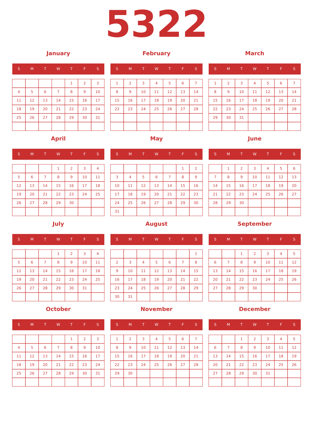 Printable 5322 Year Calendars red