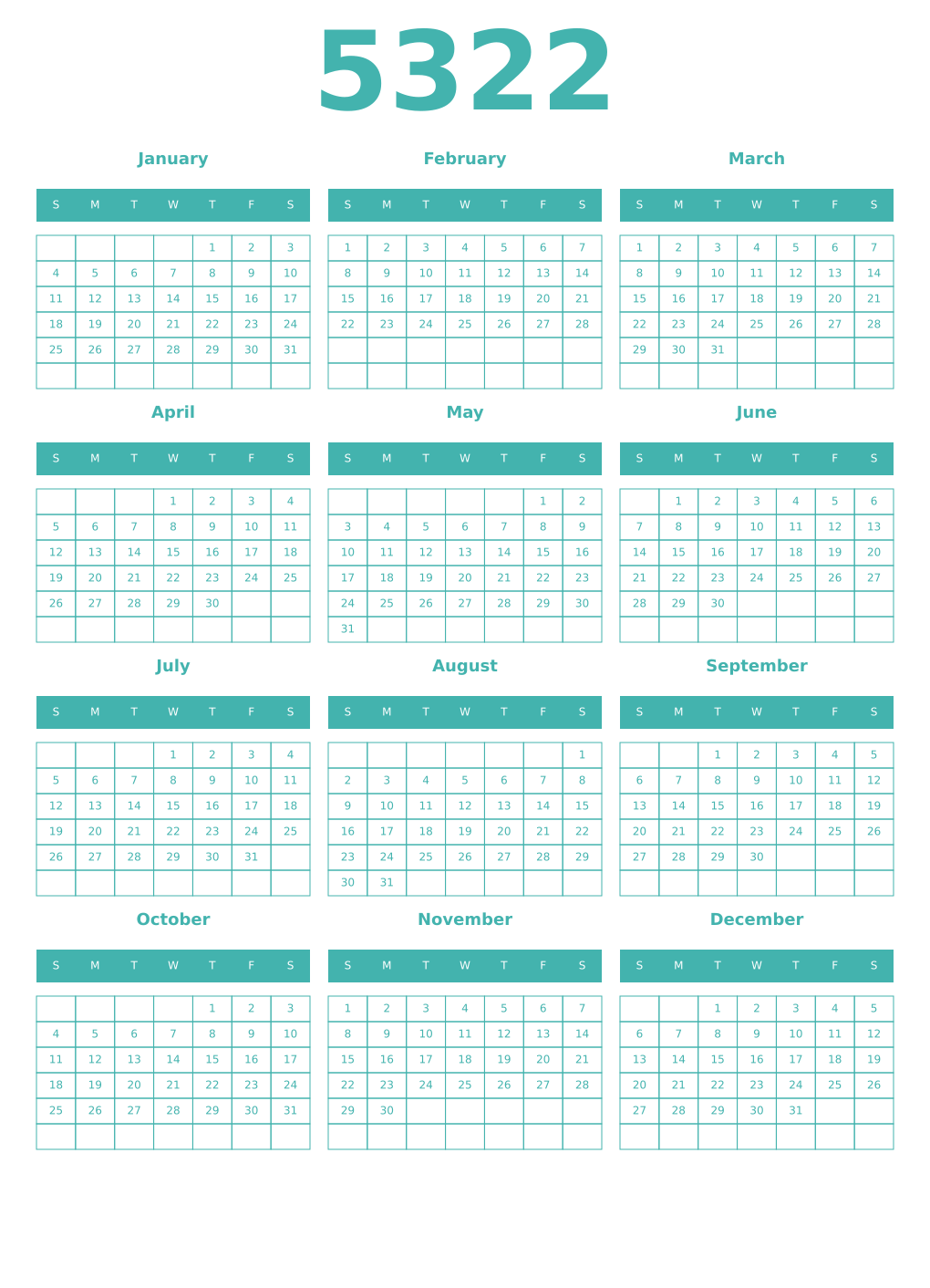 Printable 5322 Year Calendars verdigris