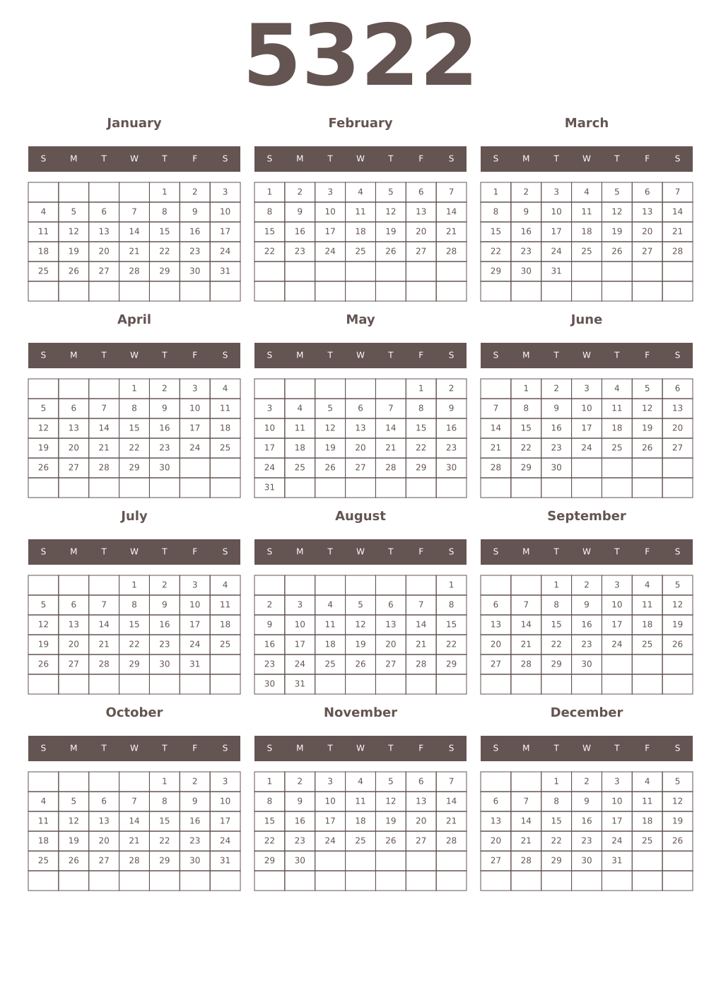 Printable 5322 Year Calendars wenge