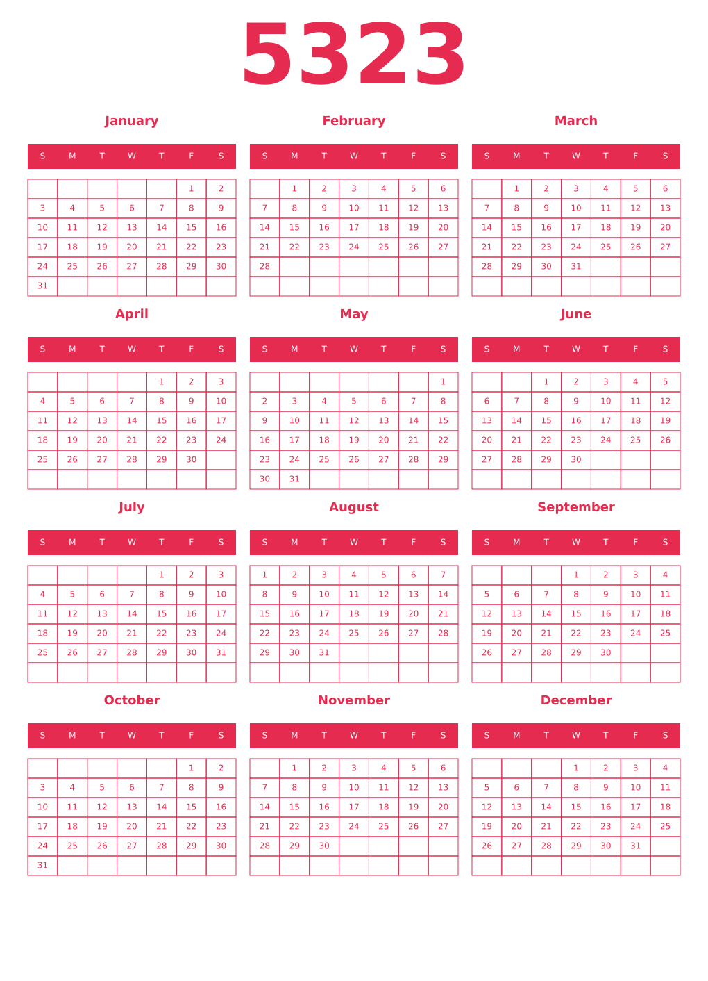 Printable 5323 Year Calendars amaranth