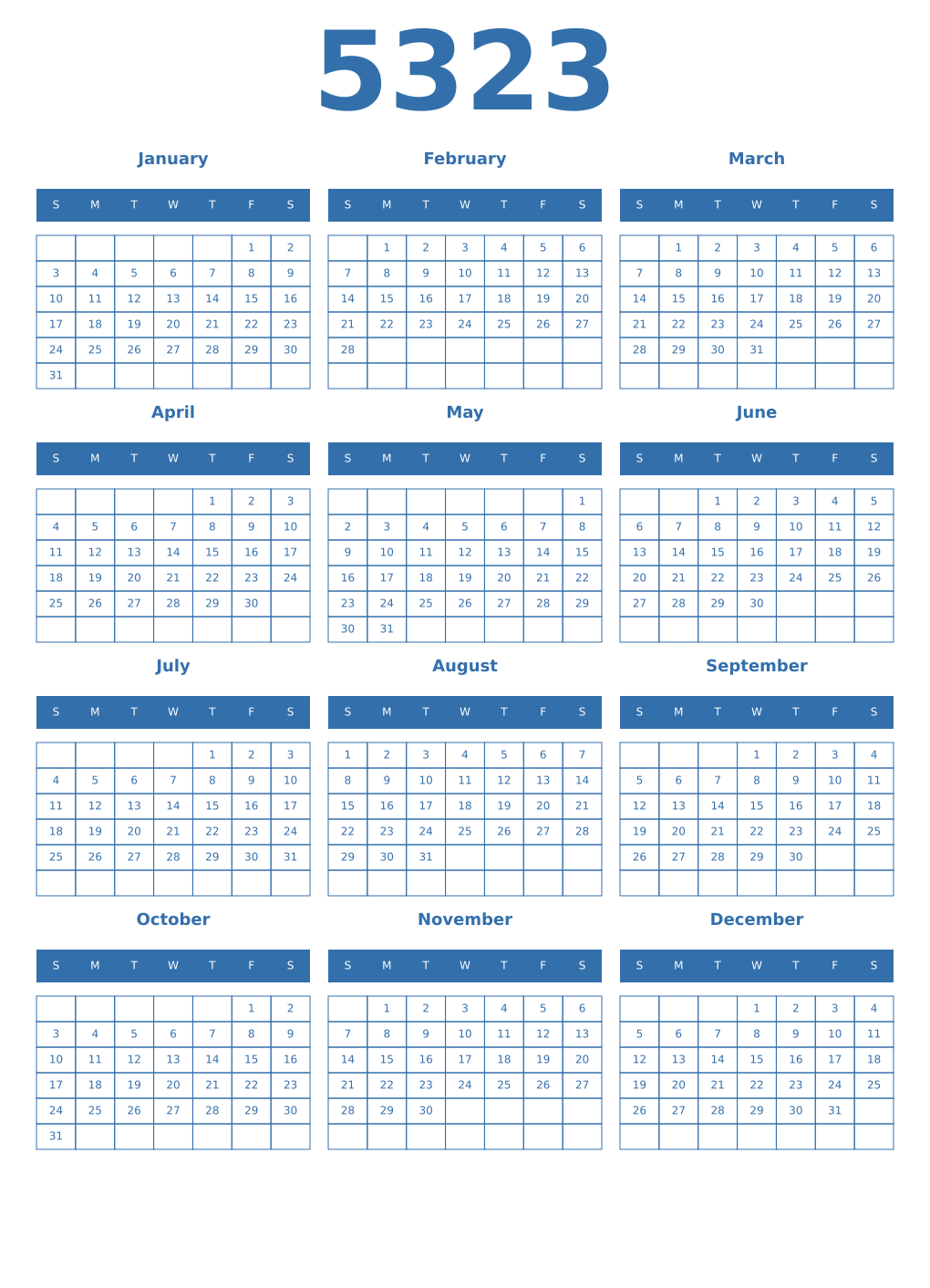 Printable 5323 Year Calendars blue