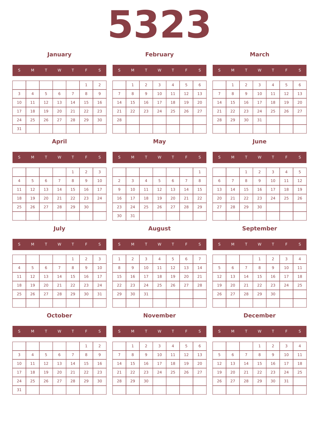 Printable 5323 Year Calendars cordovan