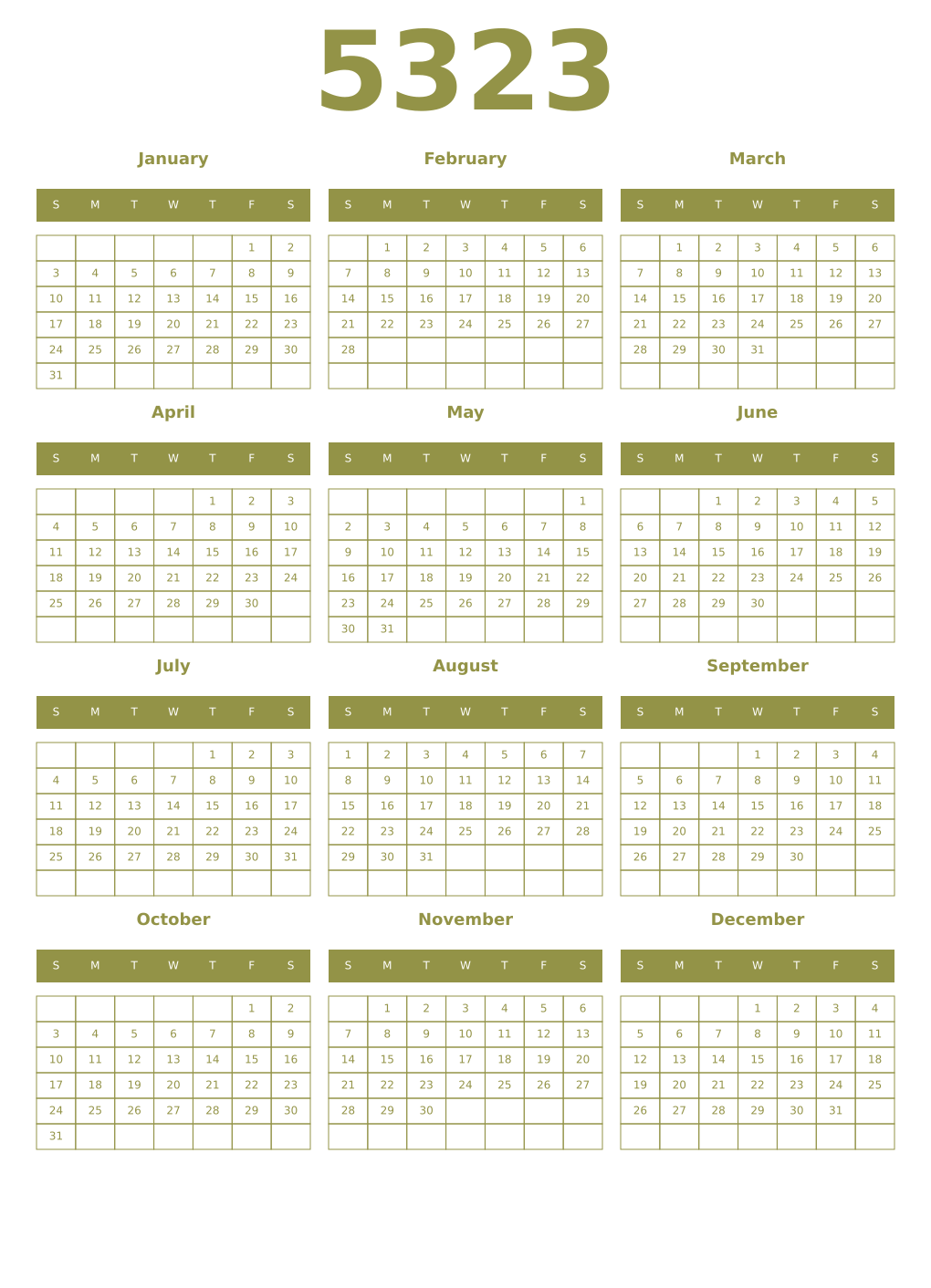 Printable 5323 Year Calendars eburnean