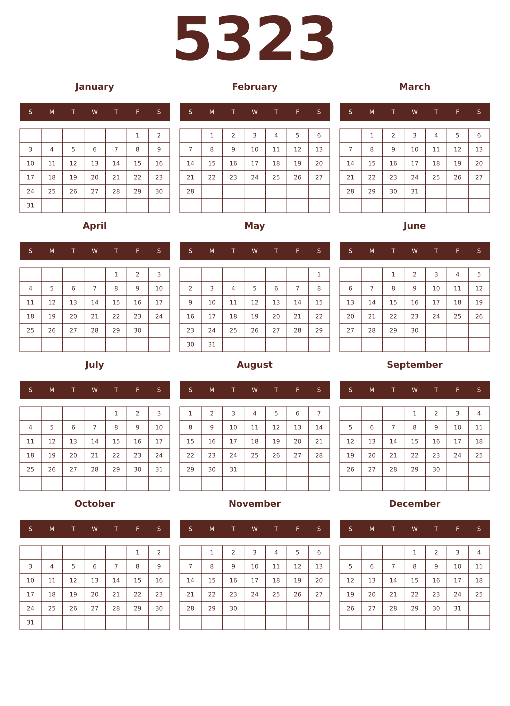 Printable 5323 Year Calendars mortuum