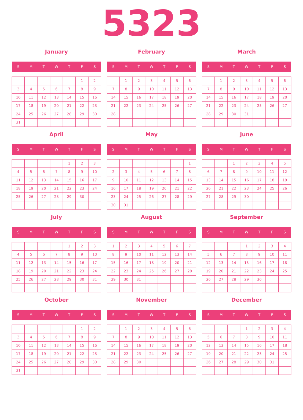 Printable 5323 Year Calendars pink