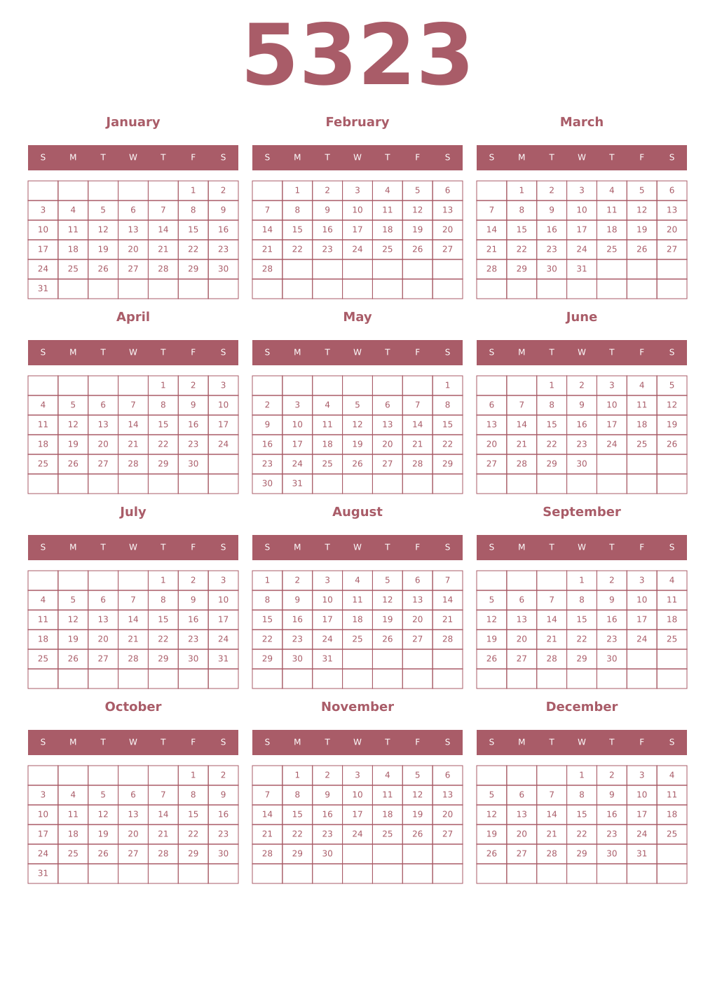 Printable 5323 Year Calendars puce